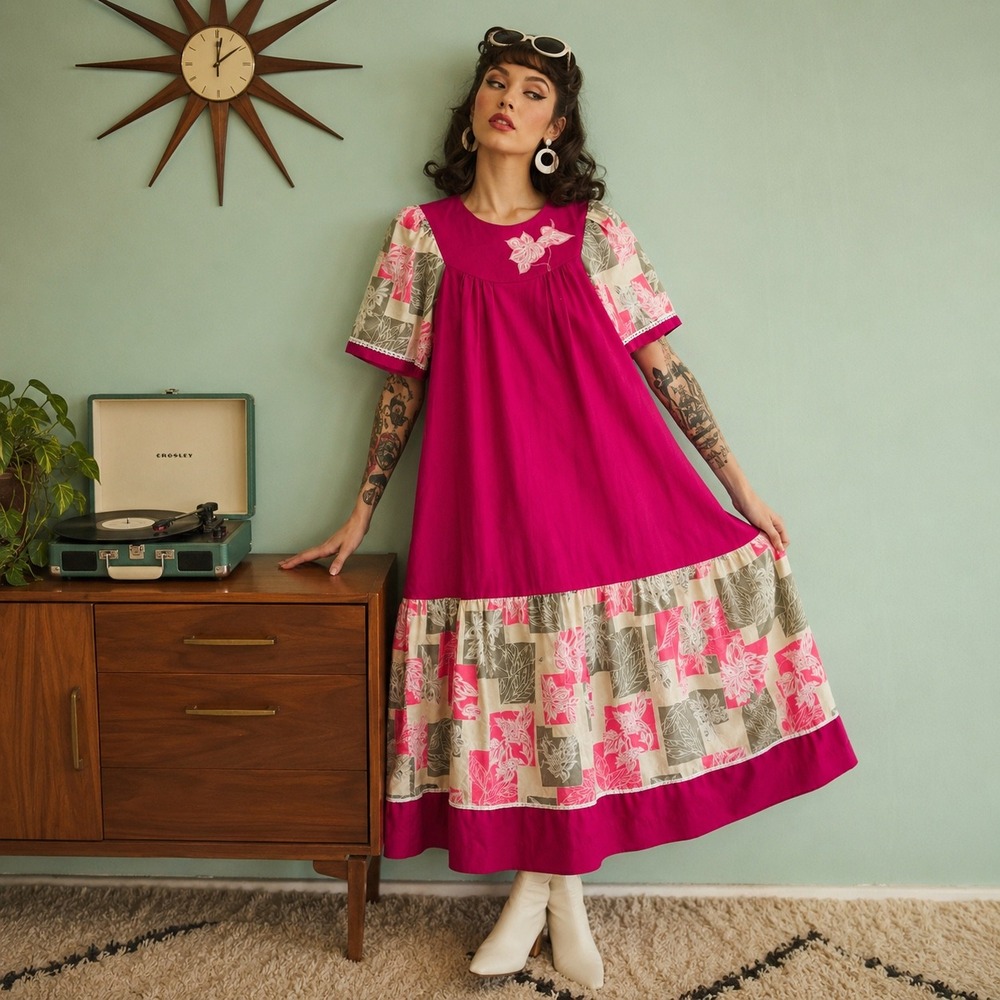 Liberty‎ House Womans Sx Large Dress House Coat Mu Mu Pink Floral Vintage Maxie